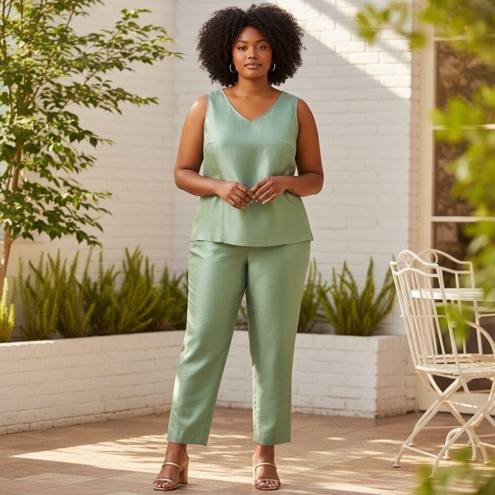 Vintage 90s Talbots Pure Silk Women 16/18 Sage Green Shantung Silk 2 pc Pant Set